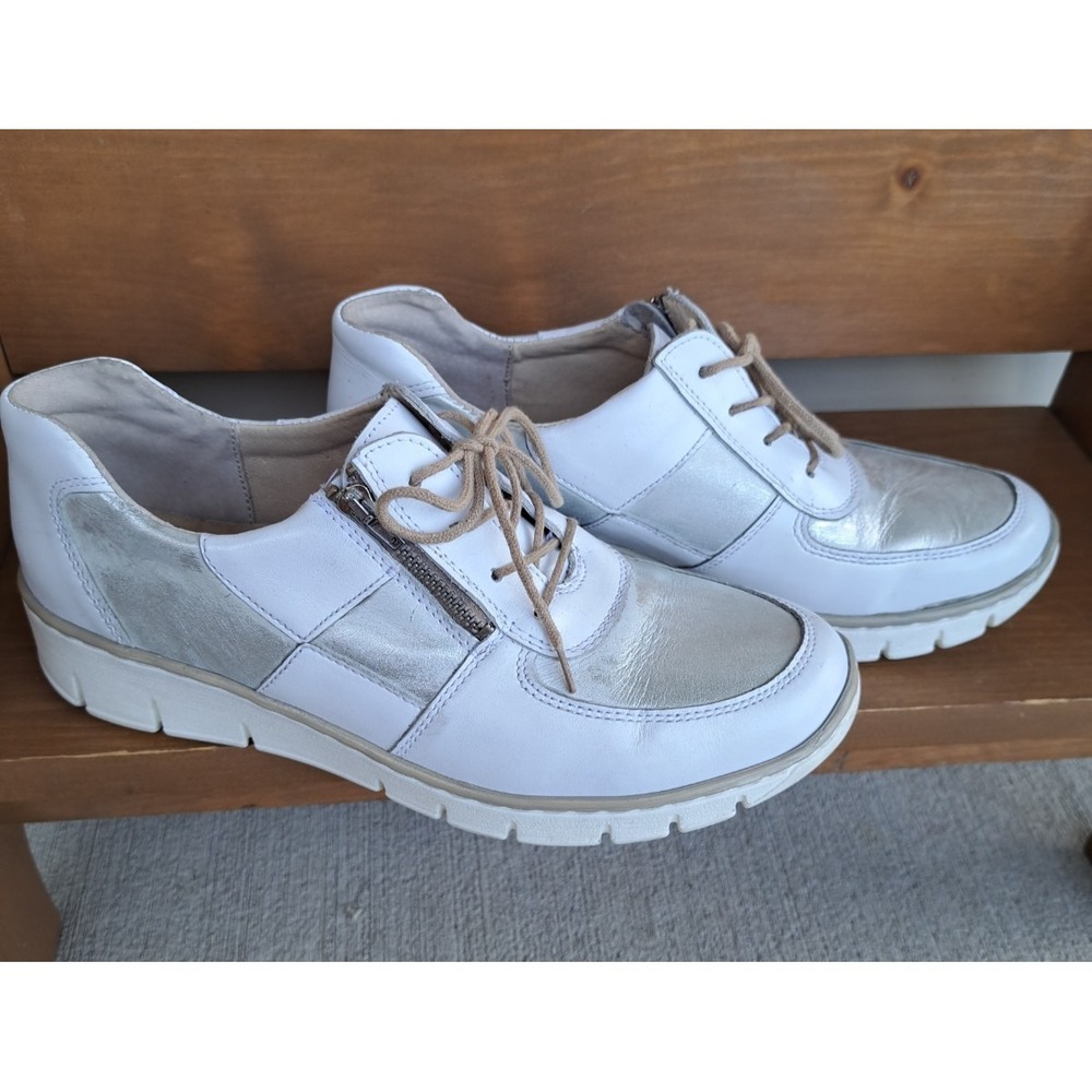 V Italia Women's White/Silver Leather Small Wedge Lace Up Zip Sneakers Shoes 8.0